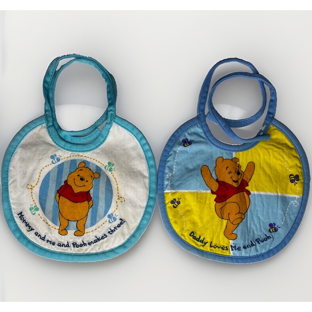 Vintage 1998 Winnie the Pooh Baby Bibs Lot of 2 Mommy Daddy The First Years